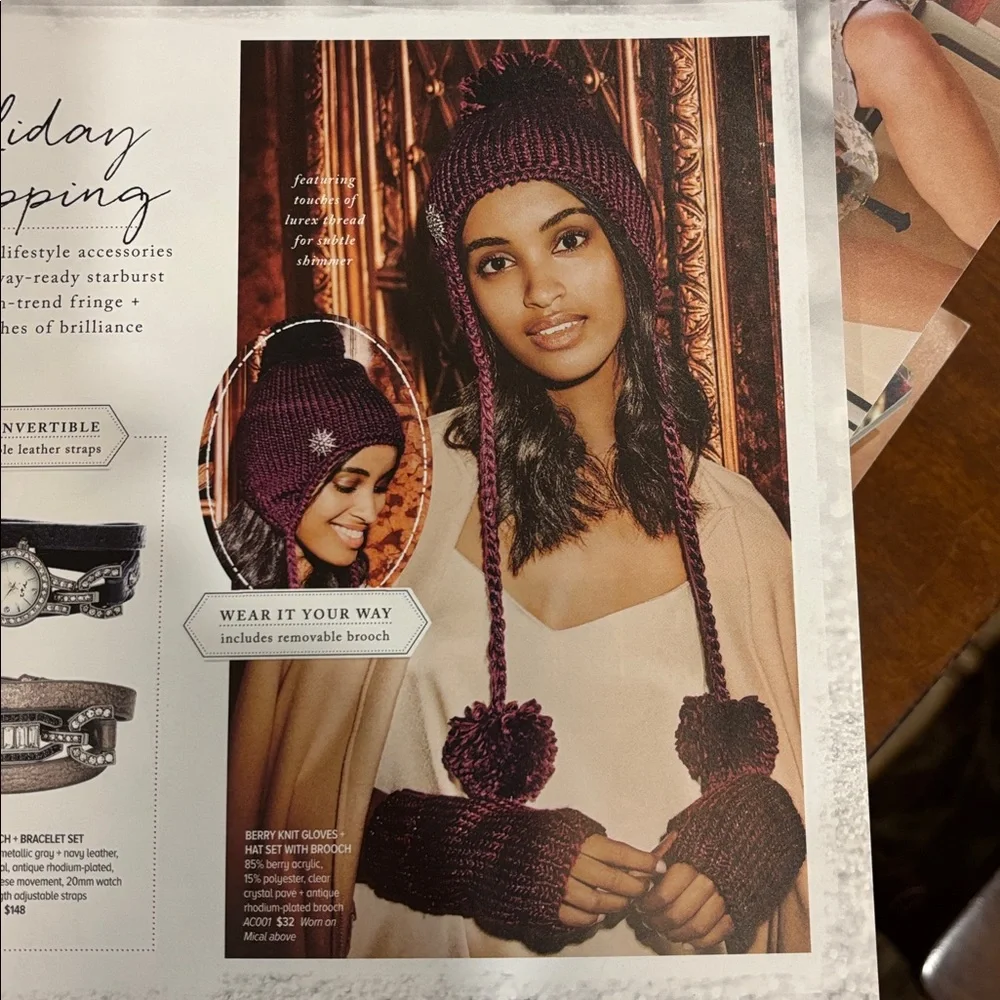 Chloe + Isabel Berry‎ Pom-Pom Beanie with Starburst Removable Pin & Knit Gloves